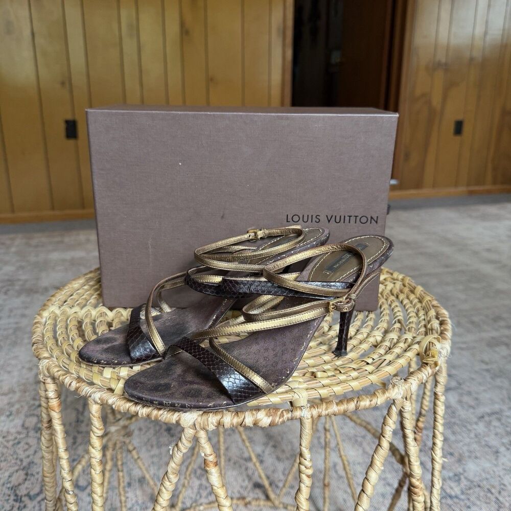 Louis Vuitton Brown Python And Metallic Gold Leather Strappy Sandals Size 39 - Picture 2 of 16